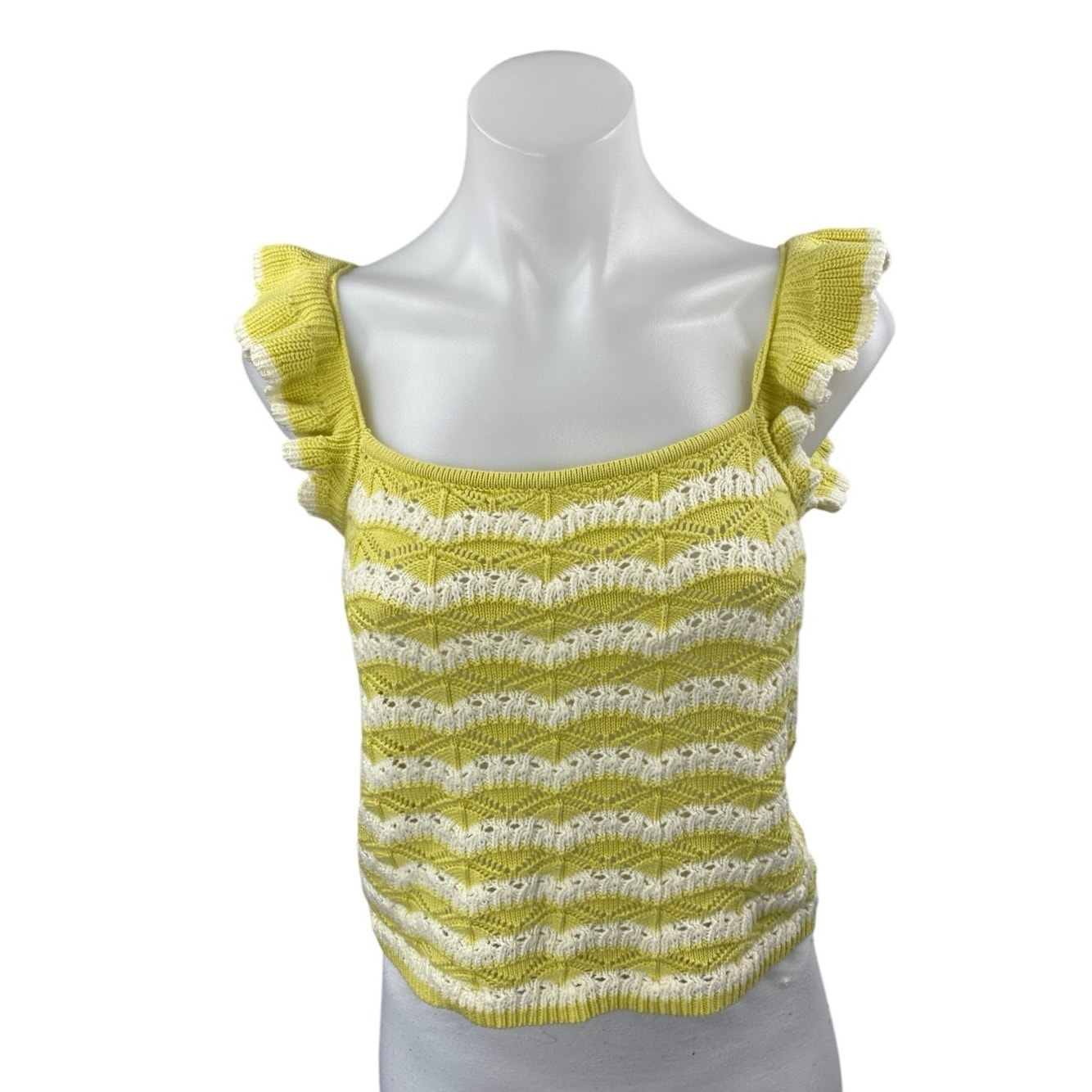 Heartloom Women's Yellow Striped Crochet Knit Flutter Sleeve Sweater Tank Top M